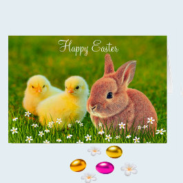 Conejo de Pascua y pollitos con flores