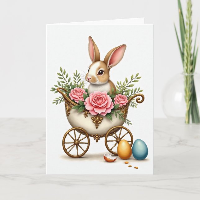 Conejo en Carruaje Tarjeta Dulce de Primavera (Anverso)