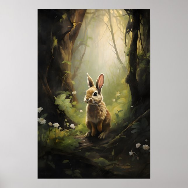 Conejo en Impresión de Pared de Bosque Verde, Dark (Frente)