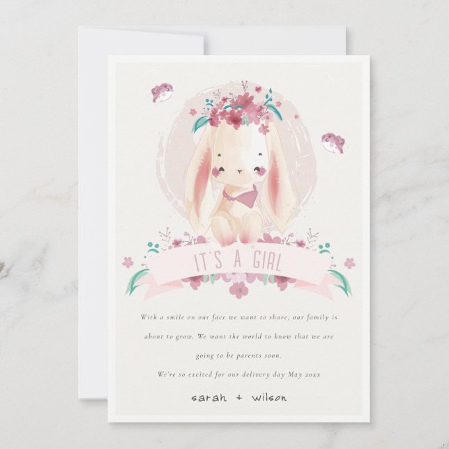 Conejo floral rosa y Invitación para bebé (Anverso)