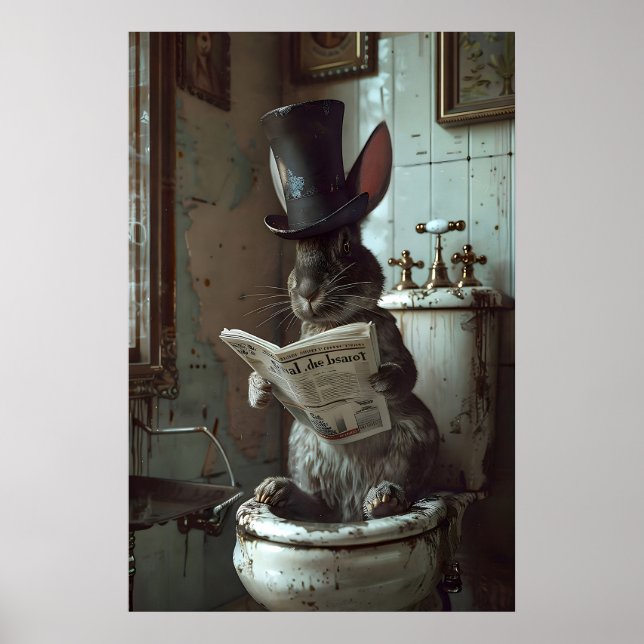 Conejo leyendo periódico en impresión de inodoro,  (Frente)