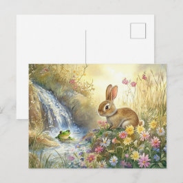Conejo Rana Cascada Tarjeta Postal Primavera Bosqu