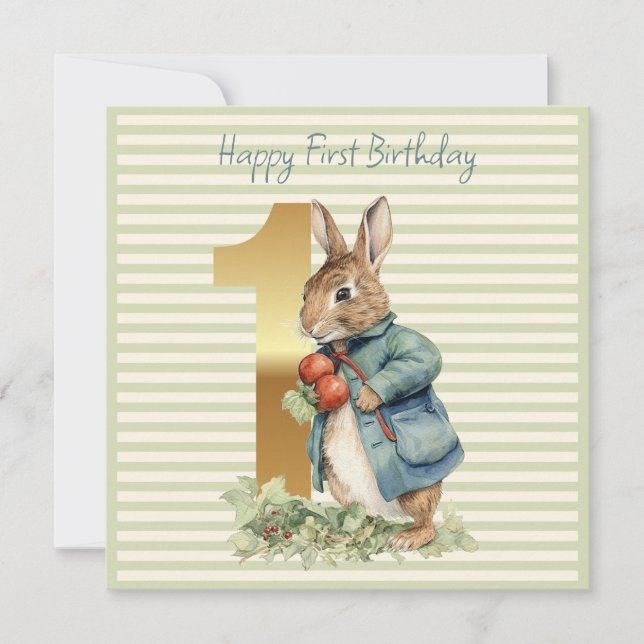 Conejo sosteniendo verduras Cumpleaños primero (Anverso)
