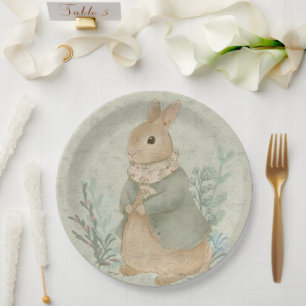 conejo vintage lindo con flores Plato de papel
