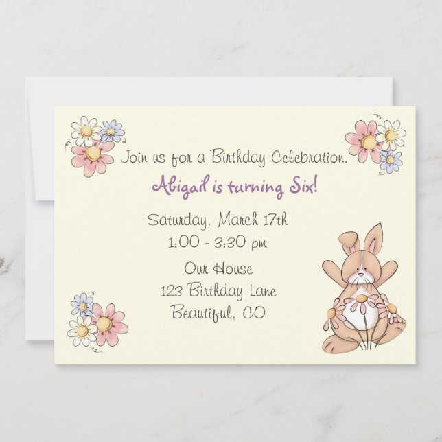 Conejo y Chicas florales invitaciones de cumpleaño (Anverso)