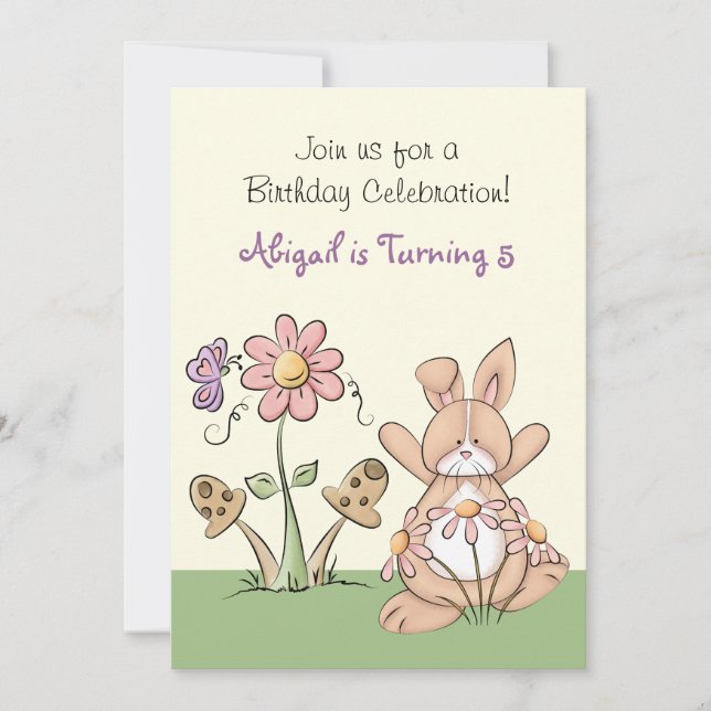 Conejo y flores Invitación al cumpleaños ~ Chicas (Anverso)