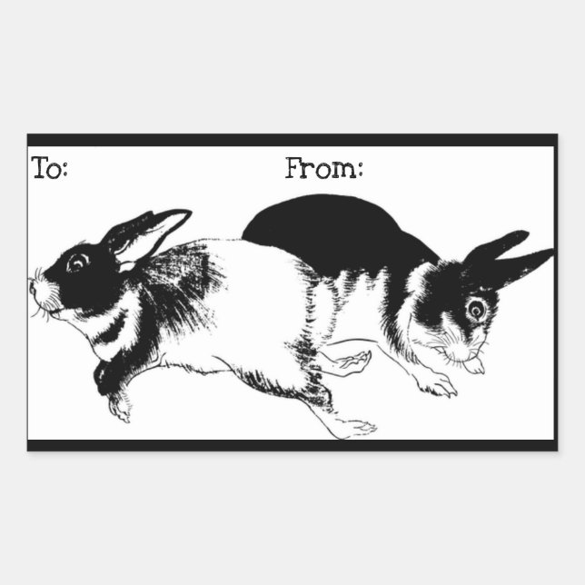 Conejos blancos y negros jugando, Pegatina de etiq (Anverso)