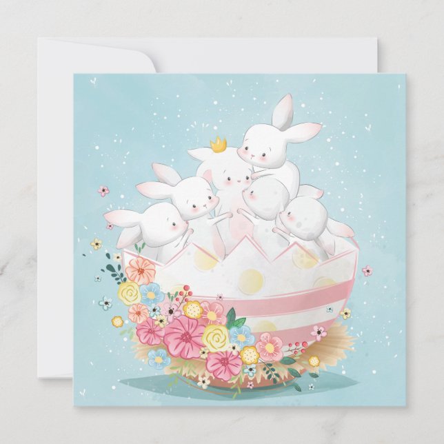 Conejos de acuarela en huevo de Pascua de flores (Anverso)