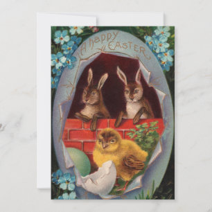 Conejos de Pascua y pollito Invitación Vintage