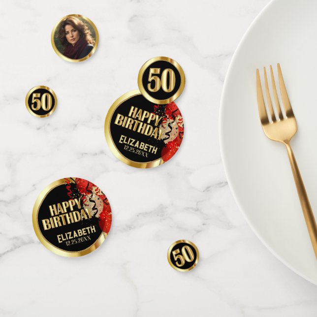 Confeti 50.º cumpleaños - Foto de Red, Black y Gold 🎈 (Grupo)