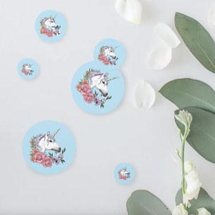 Confeti Azul de flores rosas de unicornio blanco