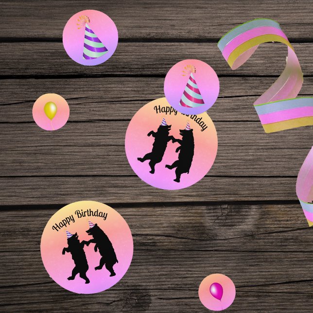 Confeti Balones de los Gorras Fiestas de Bears Negro baila (Dancing black bears pink purple party hats balloons on multi pastel coloured table Birthday confetti)