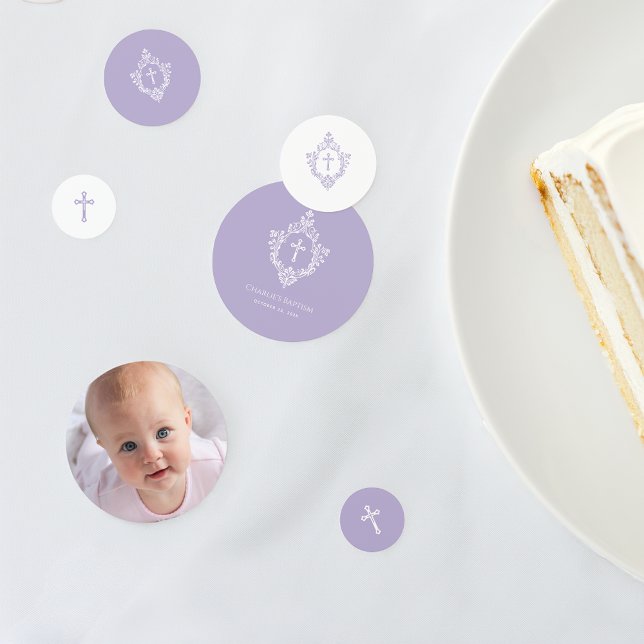 Confeti Baptism Photo Lavender Purple White Cross in Crest (Subido por el creador)