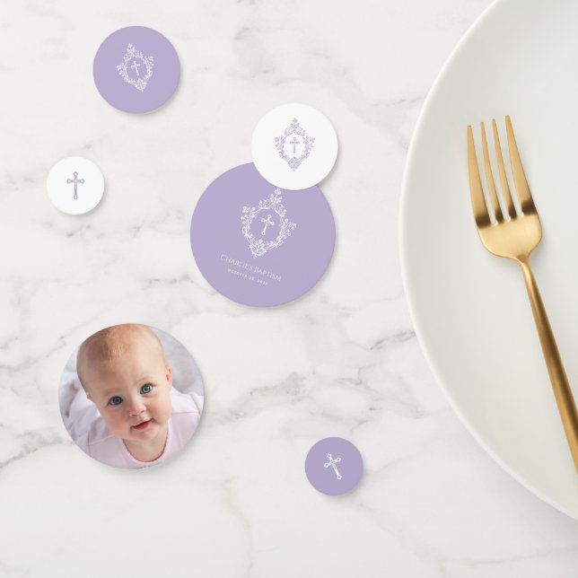 Confeti Baptism Photo Lavender Purple White Cross in Crest (Grupo)