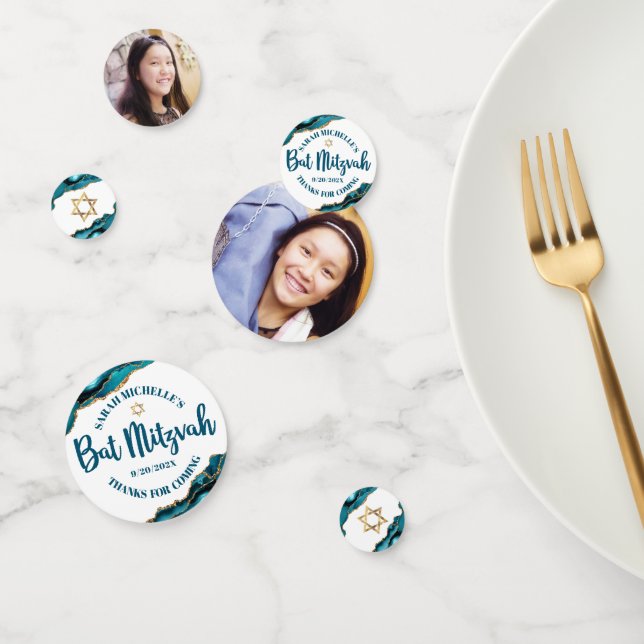 Confeti Bat Mitzvah 2 Photo Turquoise Agate Gold Script (Grupo)
