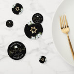 Confeti Bat Mitzvah Black Gold Script Floral Watercolor<br><div class="desc">Añade un poco más de estilo a la celebración favorita de Bat Mitzvah fiesta con este confeti de mesa de personalizable! Una moda, impresionante, blanca y dorada purpurina acuarela floral con tipografía de escritura de Relieve metalizado de oro falso y tipo serif san blanco superponen un dramático fondo negro en...</div>