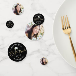 Confeti Bat Mitzvah Photo Black Gold Script Elegante Flora