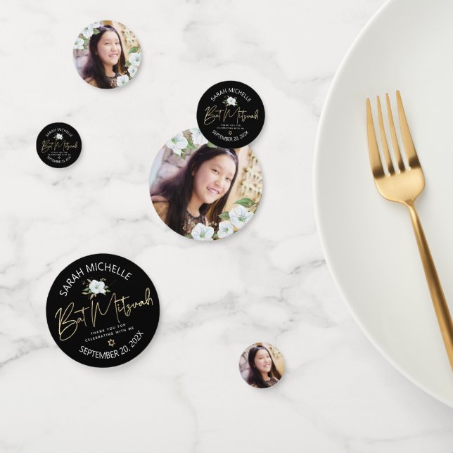 Confeti Bat Mitzvah Photo Black Gold Script Elegante Flora (Grupo)