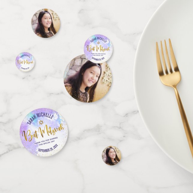 Confeti Bat Mitzvah Photo Gold Script Morple Watercolor (Grupo)