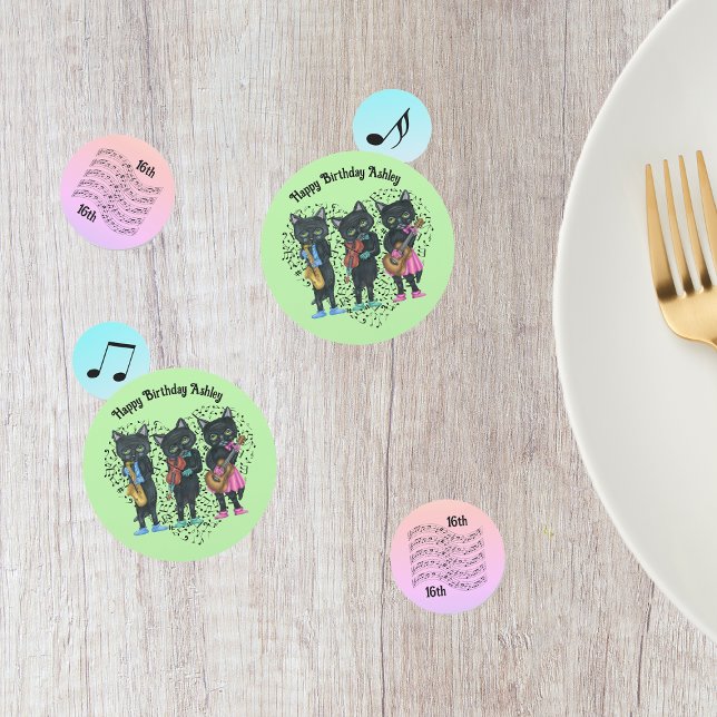 Confeti Billetes de música con temas de humor Black Cats N (Musician theme table birthday confetti with red, blue, pink circles and cat musicians, musical notes)
