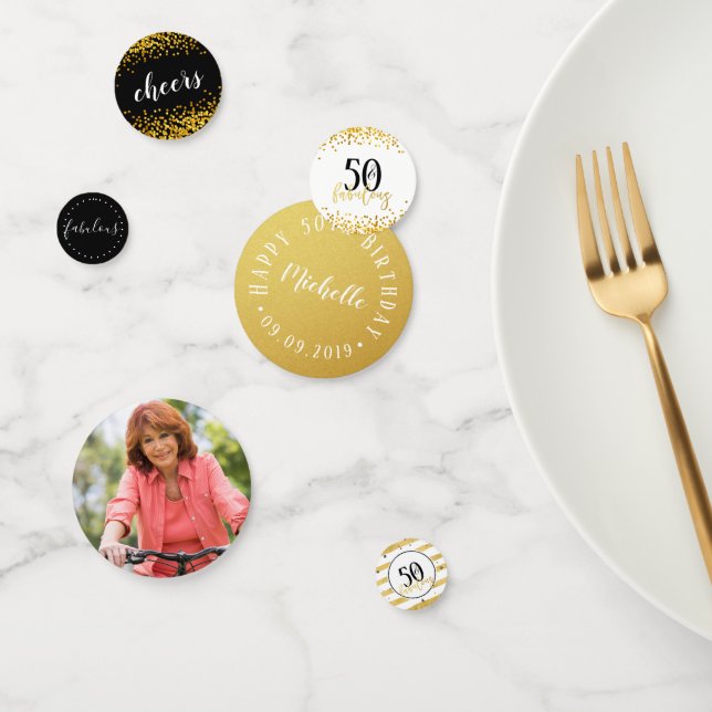 Confeti Blanco negro moderno y oro 50 y fabuloso (Grupo)