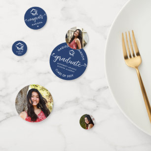 Confeti Blue 3 Photo Graduation Modern Script Hearts Cap