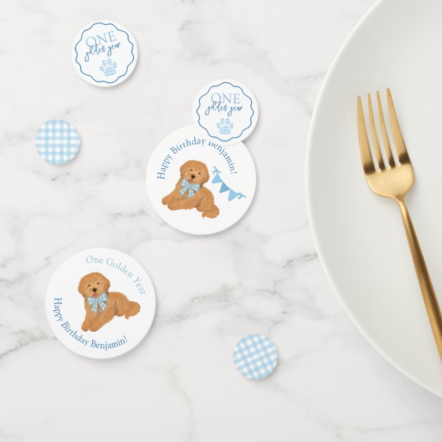 Confeti Blue Gingham One Golden Year Puppy Birthday Table (Grupo)