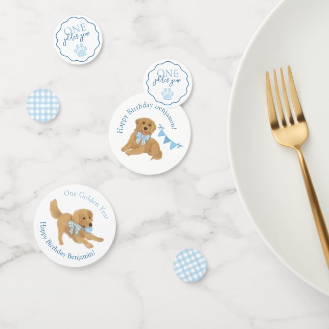 Confeti Blue Gingham One Golden Year Puppy Birthday Table (Grupo)