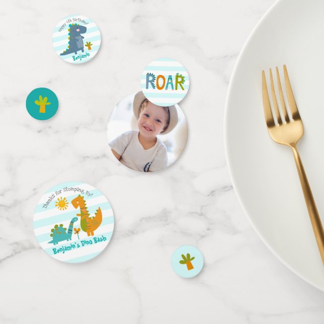 Confeti Blue Kawaii Dinosaur Boy Birday Photo Name Cute (Grupo)