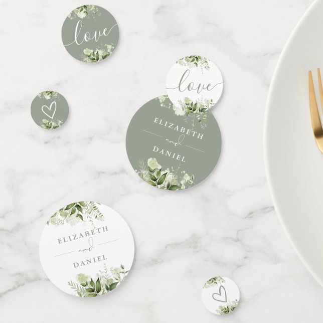 Confeti Boda floral elegante de verde salvia con vegetació (Greenery Floral Elegant Sage Green Wedding Confetti)