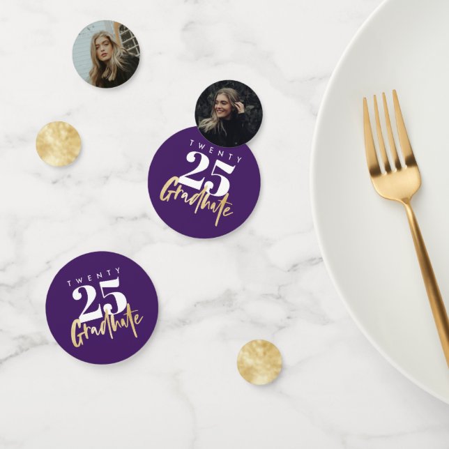 Confeti Caligrafía moderna de oro Foto Graduación púrpura (Grupo)