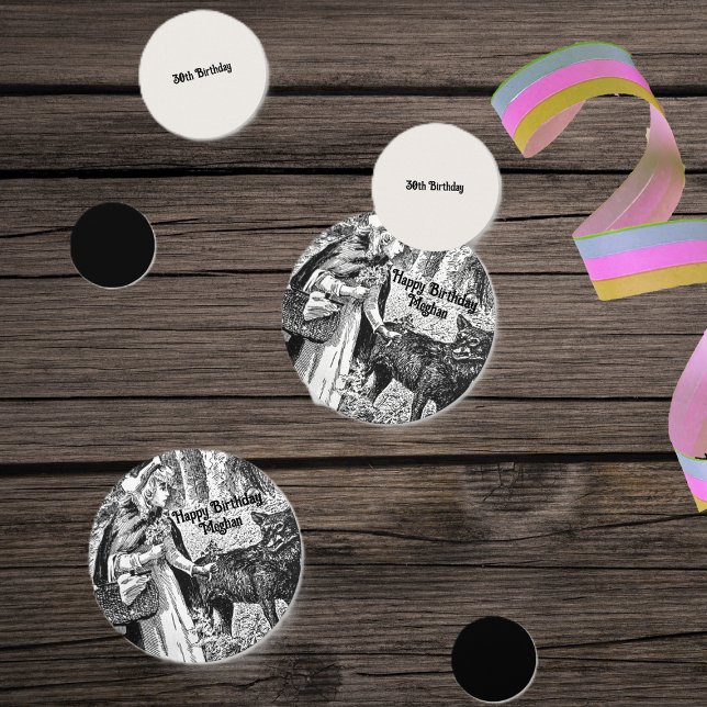 Confeti Caperucita Roja Negra Testigo de Hadas Blancas Cum (Black white Birthday table confetti with Red Riding hood and wolf fairy tale theme.)