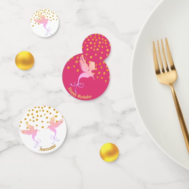 Confeti Colibrí de cumpleaños sobre rosa y blanco (Grupo)