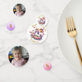 Confeti Cumpleaños de Unicornio rosa, morado y dorado de b