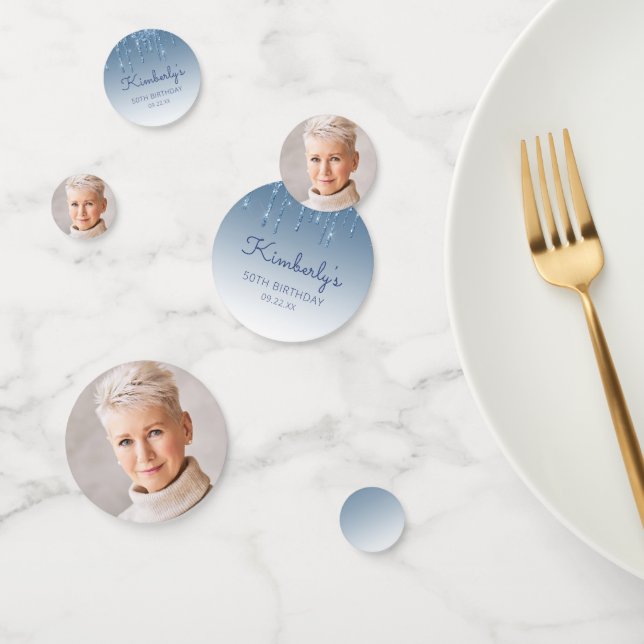 Confeti Custom Photo Glam Blue Glitter Drip 50th Birthday (Grupo)