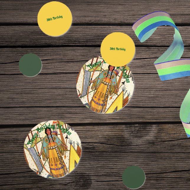 Confeti Dama Americana Nativa Woods Bow Arrow Embroidery (Native American lady by teepee in woods embroidery texture green yellow table Birthday confetti.)