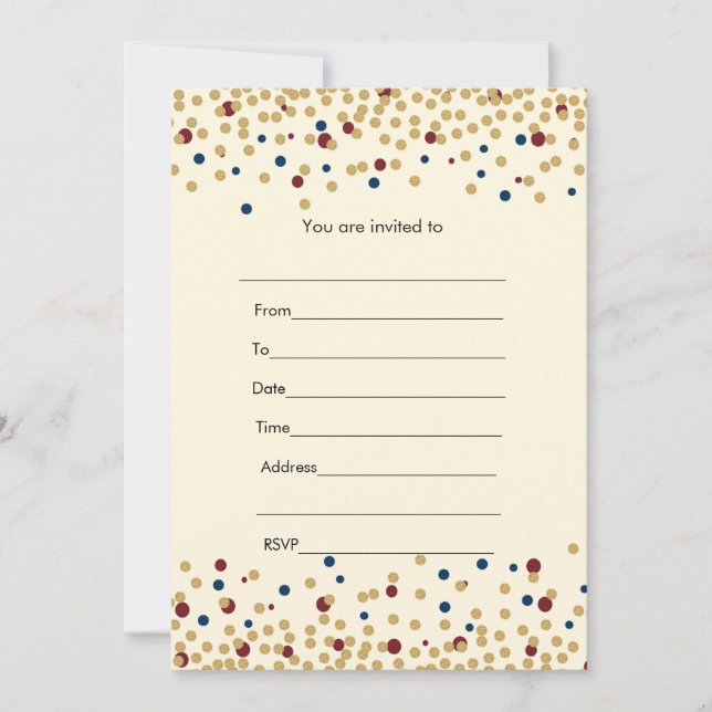 Confeti de invitación dorado burdeos marina rellen (Anverso)