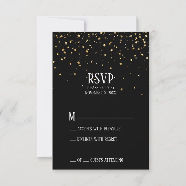 Confeti de Oro en Tarjeta de RSVP Negra (Anverso)