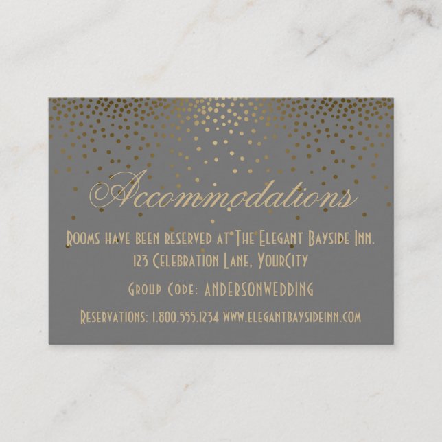 Confeti de Oro en Tarjetas de Alojamiento de Boda  (Anverso)
