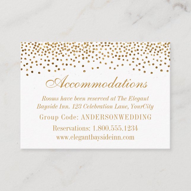 Confeti de Oro en Tarjetas de Alojamiento de Boda  (Anverso)