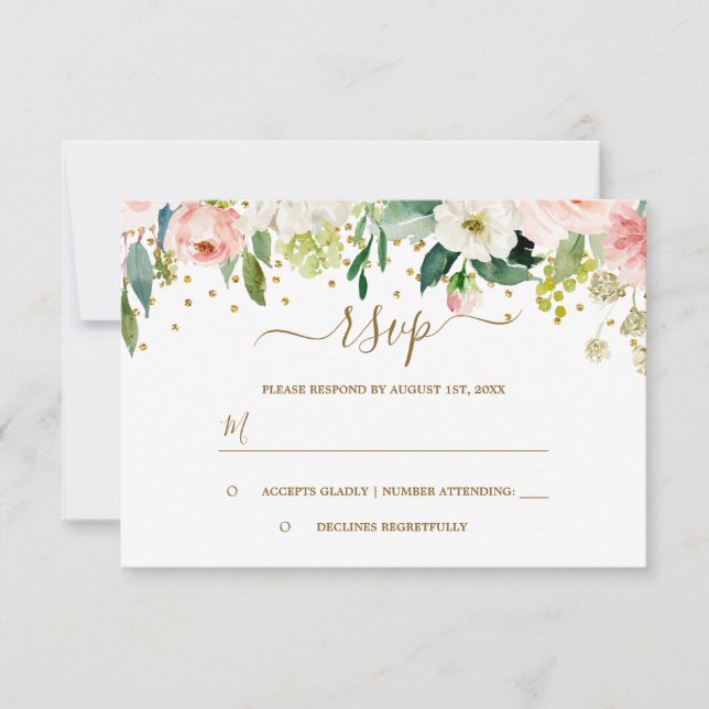 Confeti de oro rosa floral para RSVP (Anverso)