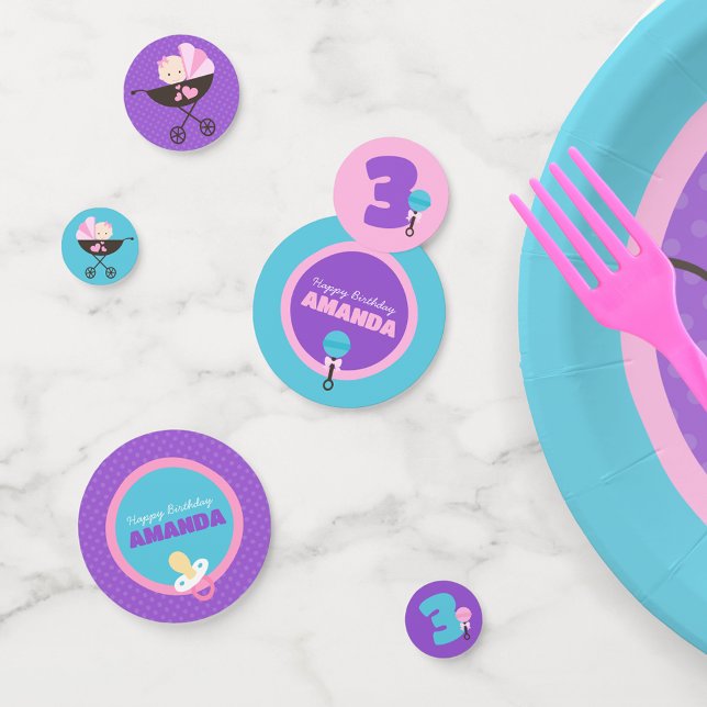 Confeti Decoración personalizada de la fiesta de cumpleaño (Baby Doll Birthday Personalized Table Confetti in Pink, Purple and Teal Blue)