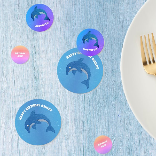 Confeti Deliciosos delfines azules Purpurinoso morados Pin (Sparkle jumping blue white jumping dolphins on blues, purples, pinks table party confetti.)