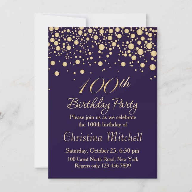 Confeti dorado 100.ª invitación a la fiesta de cum (Anverso)