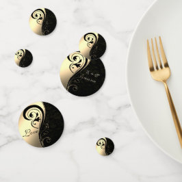Confeti Elegante Damasco Negro, Oro, Nombre De Amor