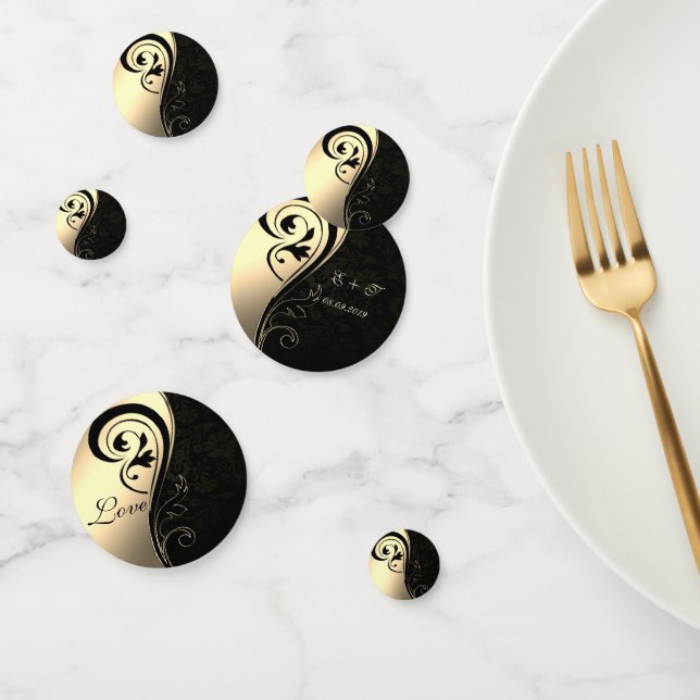 Confeti Elegante Damasco Negro, Oro, Nombre De Amor (Grupo)