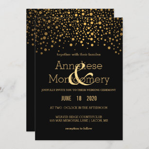 Confeti elegante del oro e invitación negra de la