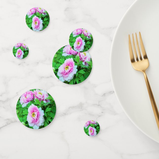 Confeti Elegantes flores de peón rosado con centro amarill (Grupo)