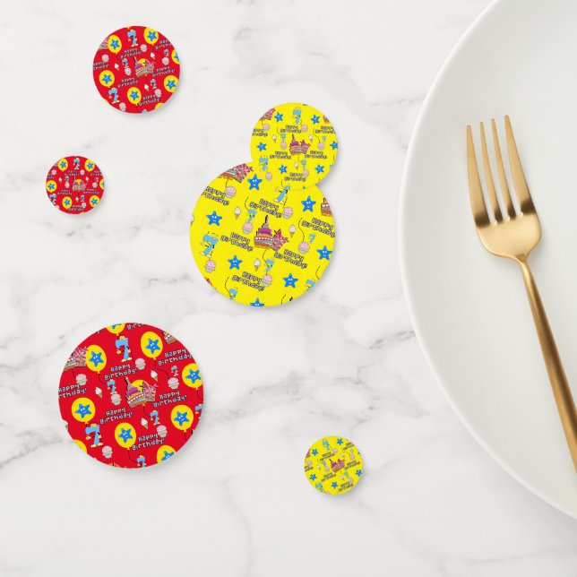 Confeti Feliz 7 cumpleaños Confetti, 7 amarillo y rojo (Grupo)