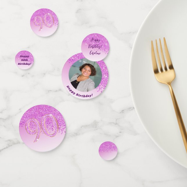 Confeti Feliz 90 cumpleaños Moda cayendo Purpurina rosado (Grupo)